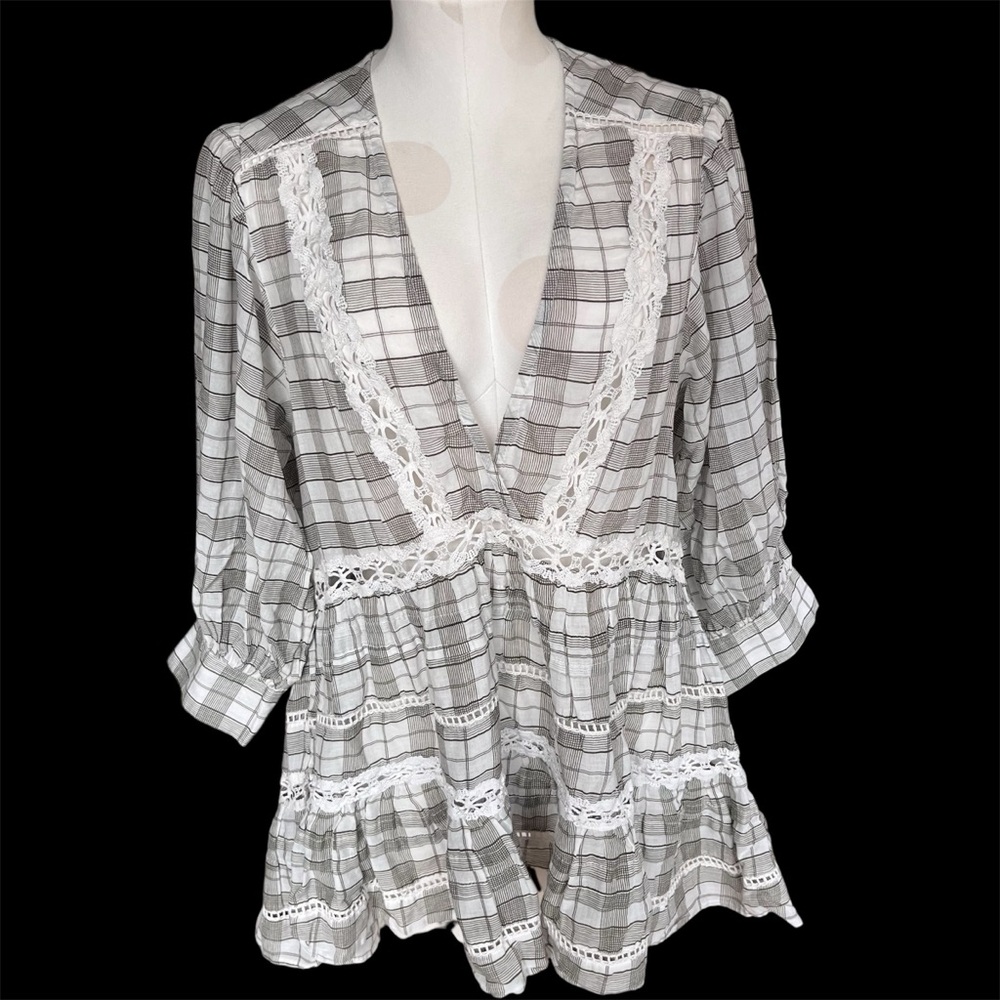Free People Time Out Tunic like new Small Plaid with lace detail